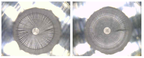 Images for bottoms of drilled holes. (Left) unstable result at 5500 rpm. (Right) stable result at 5900 rpm. The blind hole diameter is 9.53 mm