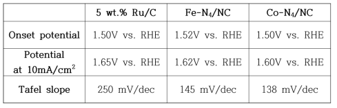 Metal-N4/NC와 Ru/C 촉매의 전기화학적 특성 비교