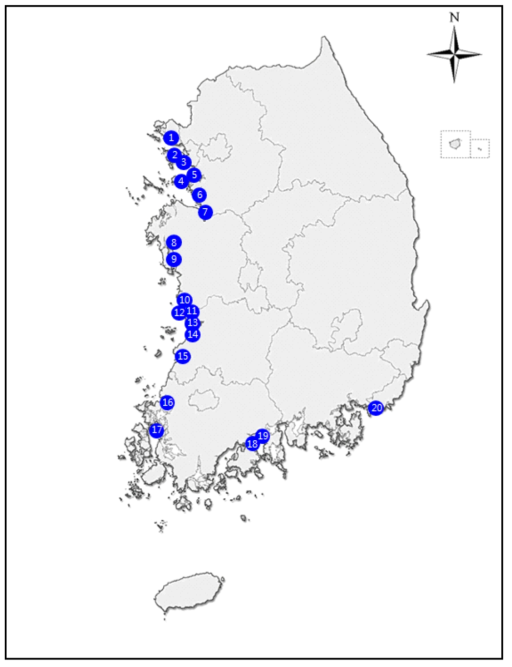 2020년 도요물떼새 주요 도래지 20개 조사지역 (1-강화도, 2-영종도, 3-송도, 4-대부도, 5-시화호, 6-남양만, 7-아산만, 8-간월호, 9-천수만, 10-장항해안, 11-금강하구, 12-유부도, 13-만경강, 14-동진강, 15-곰소만, 16-함평만, 17- 압해도, 18-여자만, 19-순천만, 20-낙동강하구)