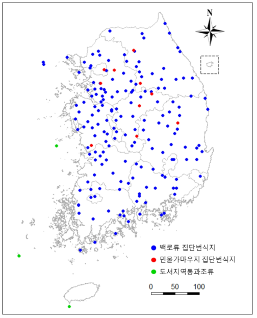 조사지역(백로류-176개소; 민물가마우지-10개소; 도서지역-어청도, 가거도, 마라도 3개소)