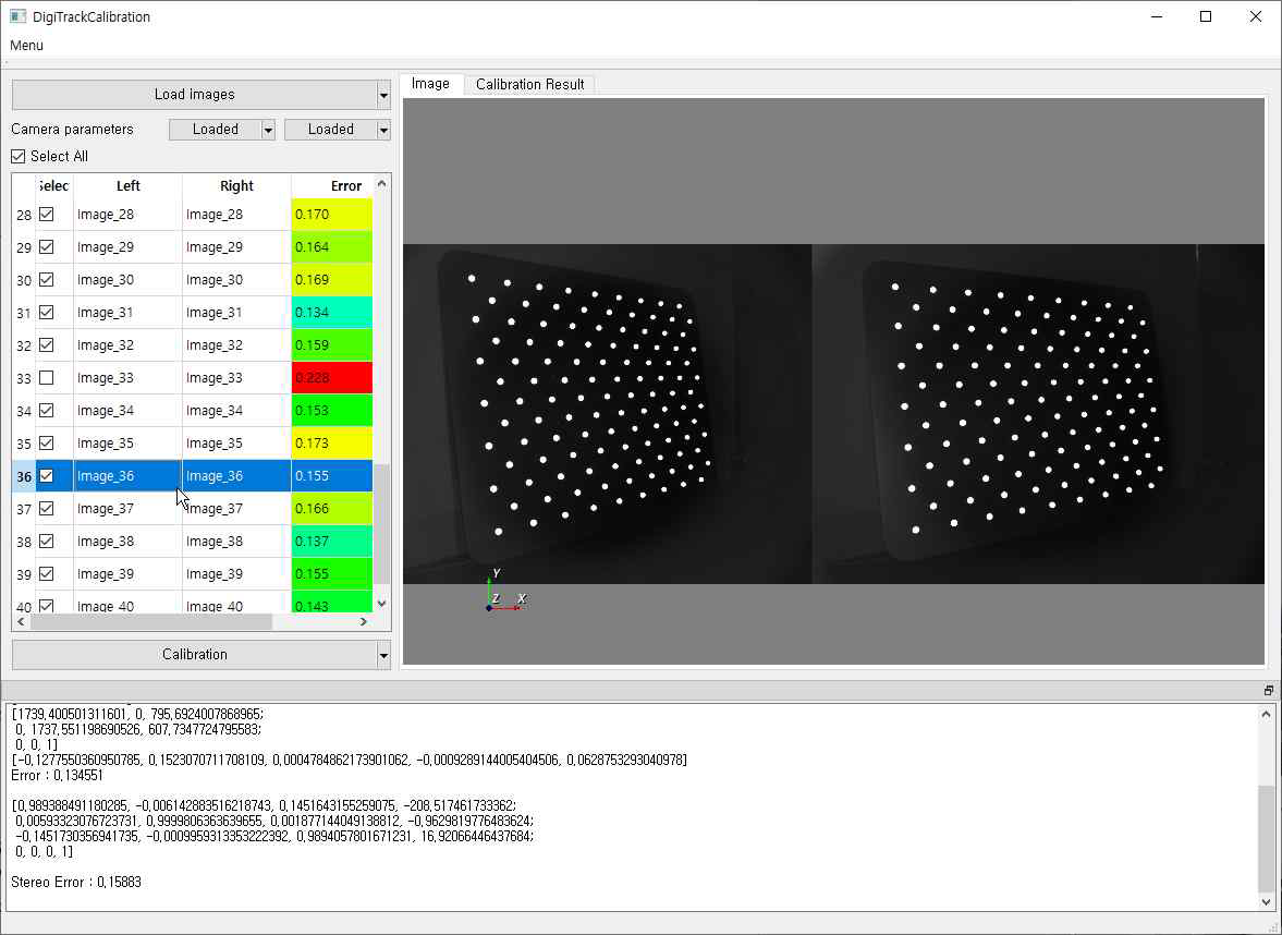 개발된 카메라 캘리브레이션용 소프트웨어. 캘리브레이션 이후 stereo reprojection error가 큰 경우 캘리브레이션에 사용된 해당 이미지를 색상으로 표시하도록 하였음. 사용자가 파악 후 해당 이미지의 체크를 해제하고 다시 캘리브레이션을 진행하게 되며 최종적으로 오차가 적은 결과를 얻어낼 수 있도록 함