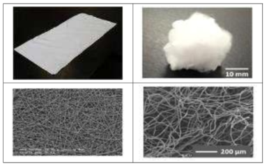 2D 나노섬유 mat와 SEM 사진(좌), 3D 솜타입 나노섬유와 SEM 사진(우)