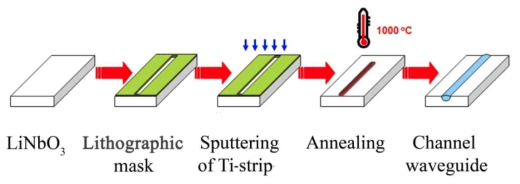 LiNbO3기간 내부에 Ti strip가 내부로 확산되어 있는 모습
