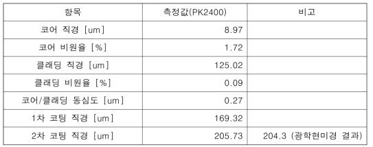 제작된 광섬유의 코어/클래딩/코팅 기하 구조 측정 결과