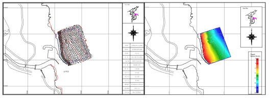 삼척항 부근 수심 측량 항적 및 관측 수심도