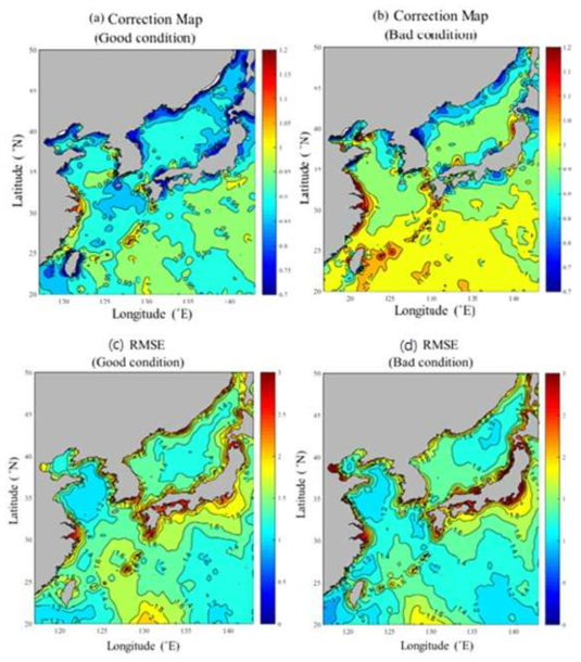 (상단) 보정된 ASCAT 자료 및 WRF모델 바람자료의 비교를 통해 생성한 풍향별 오차수정율 분포지도, (하단) 모델 바람자료의 풍향별 RMSE 분포