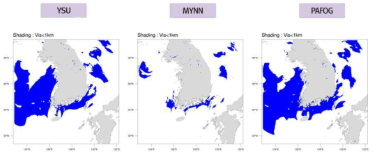 경계층 모수화 방법에 따른 해무발생지역 비교 (2020년 7월 30일 00시)