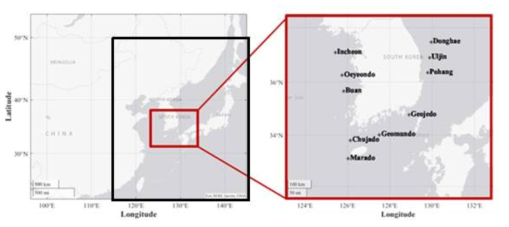 한반도 주변해 파랑모델 격자영역 및 파랑 관측지점 위치