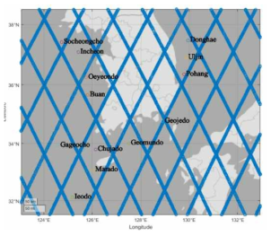 우리나라 주변 기상청 해상부이 위치와 Jason-2 인공위성 경로