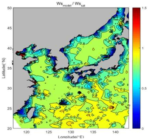 Jason-2 인공위성 자료와 WRF모델 바람자료를 이용하여 생성한 오차수정율 분포지도(Correction Map)
