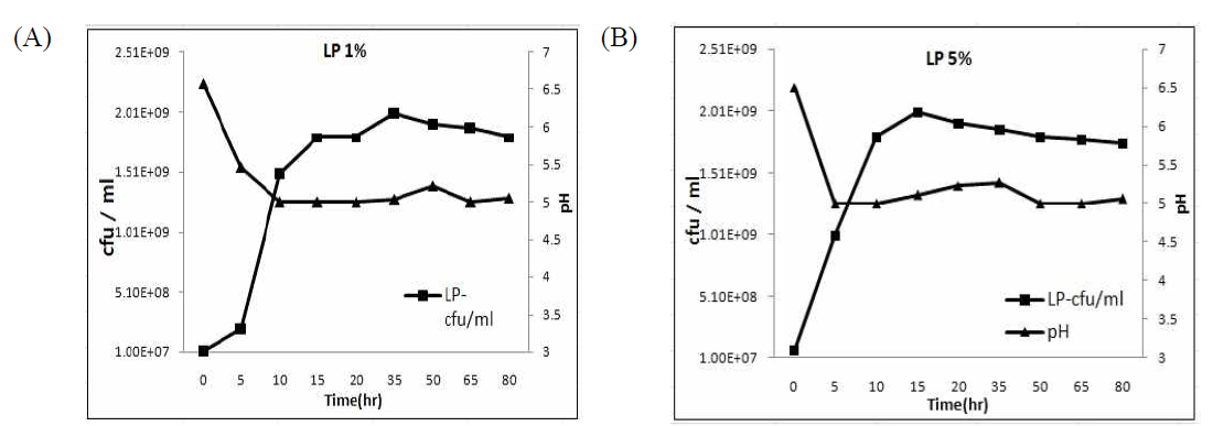 Lactobacillus Plantarum 1% 접종 (A), Lactobacillus Plantarum 5% 접종 (B) Growth curve