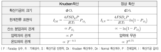 Knudsen 확산과 정상 확산에 의한 한계전류 비교