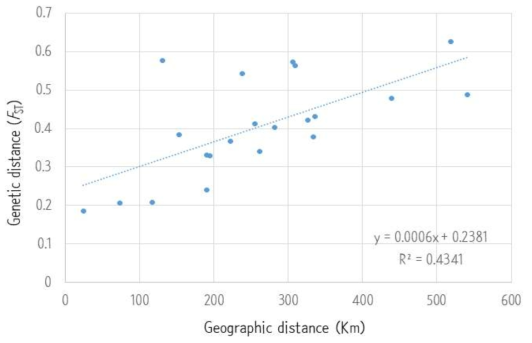 SNP 마커를 이용한 개체군간 Isolation by distance (IBD) 분석 결과