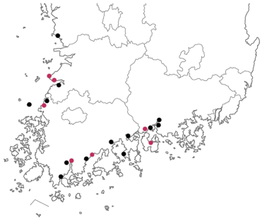 대추귀고둥 분포 및 채집 지역 (빨간색: 본 연구에서 확보한 개체군, 검은색: Kil et al. (2012) 분석 개체군)