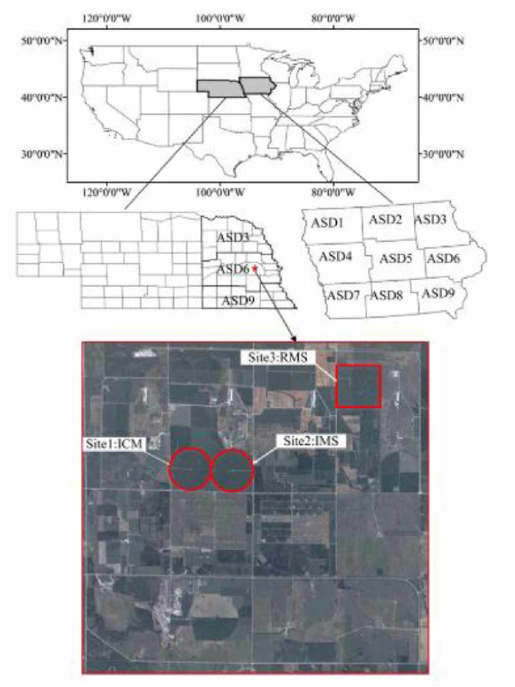 네브래스카 동부와 아이오와의 ASDs, 네브래스카 주 Mead 근처 UNL ARDC의 대상지 위치 및 개략도 (http://csp.unl.edu/Public/sites.htm)