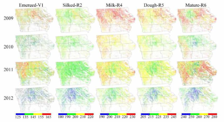 2009-2012까지 아이오와주 옥수수의 주요 DOY(Days of Year)의 공간 패턴