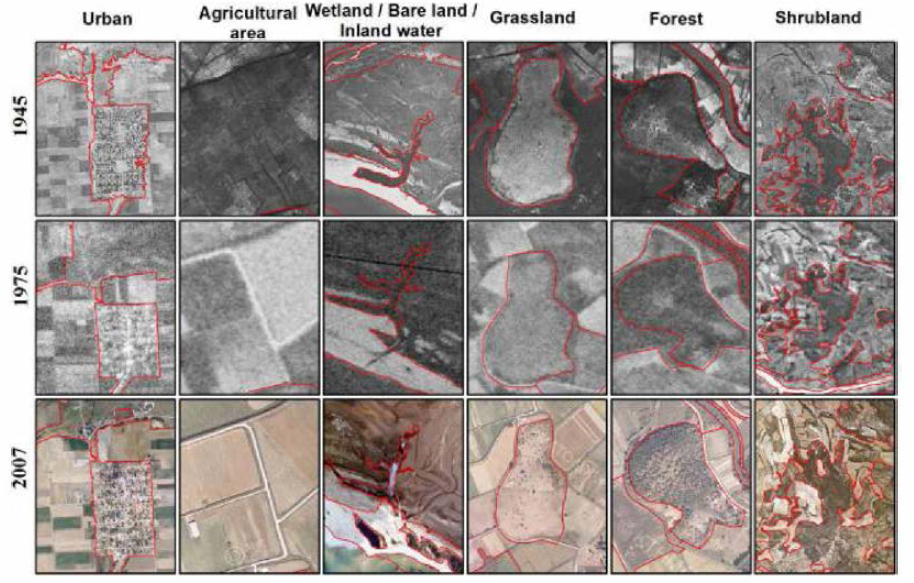 1945년, 1975년 및 2007년의 항공 사진에서 LULC 분류 체계를 그래픽으로 표현 (고해상도 항공 사진과 물체 기반 분류 접근 방식을 사용하여 주제지도를 만드는 데 사용)
