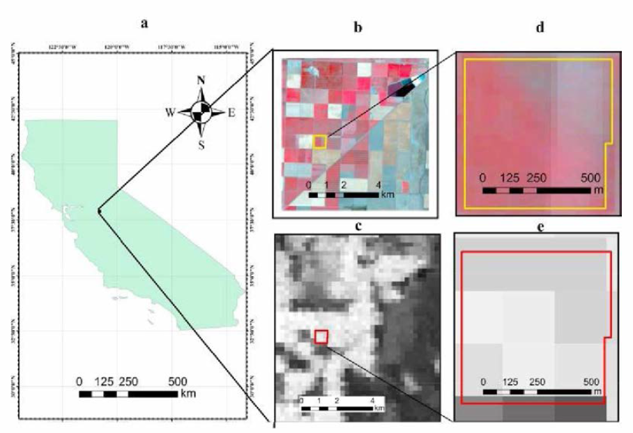 연구대상지 (a). 캘리포니아주 센트럴 밸리 지역 샌 호아킨 밸리 (San Joaquin Valley), (b). Landsat Thematic Mapper (TM5) 30m 공산 해상도 제품의 농지 피복 이미지, (c). MODIS NDVI 250m 해상도 제품의 동일 농지 피복 이미지