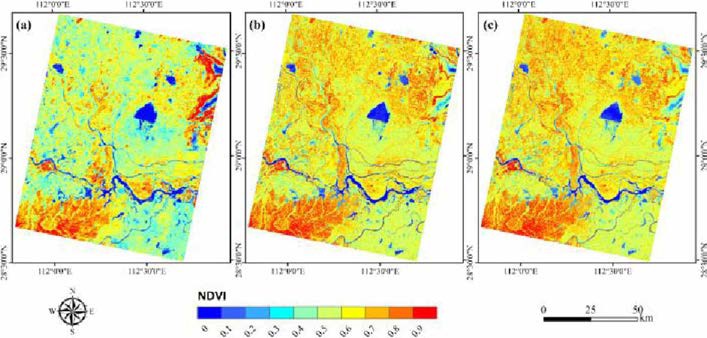 2017년 12월, 제품별 월 단위 NDVI 데이터, (a). MOD13Q1, (b). Landsat, (c), FSDAF 융합 결과