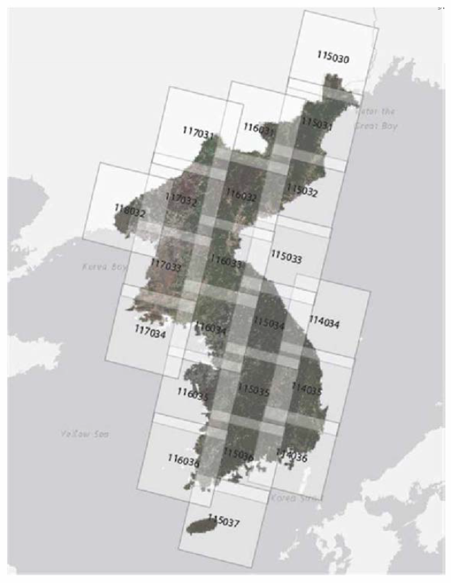 한반도 구축을 위해 필요한 Landsat 데이터 위치(Path/Row)