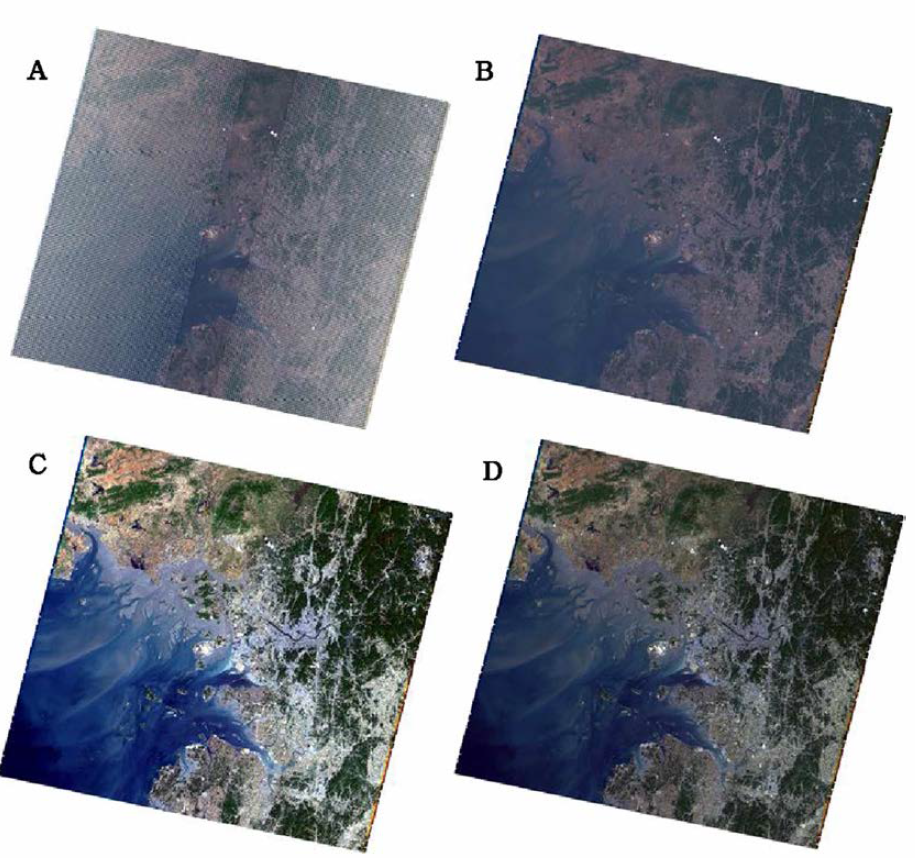 Landsat 7 ETM+ 위성영상 전처리:A. 전처리 전 Landsat ETM+ 위성영상, B. Gap fUl 처리 후, C. 방사 보정 후, D. 대기 보정 후