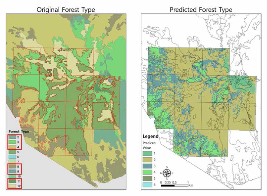 STARFM-NDVI, 고도，온도, 강수량 등의 변수를 활용한 Random Forest 무감독 분류 결과 비교 (좌) 2:관목림, 3:구상나무, 4:낙엽활엽수림, 8:소나무，9:습지，11:전석지, 12:초지 (우) 1:전석지, 2:관목림，3: 초지, 4:구상나무，5:소나무, 6:습지