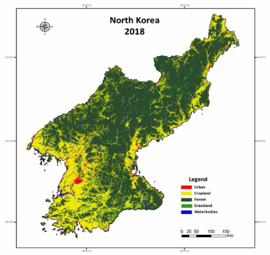 북한 토지피복 분류 결과 예시(2018년)