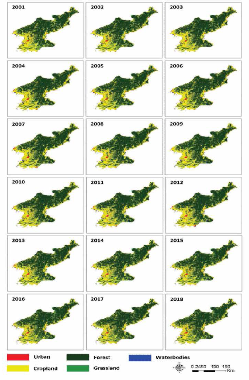 20이년부터 2018년까지의 북한 시계열 토지피복도