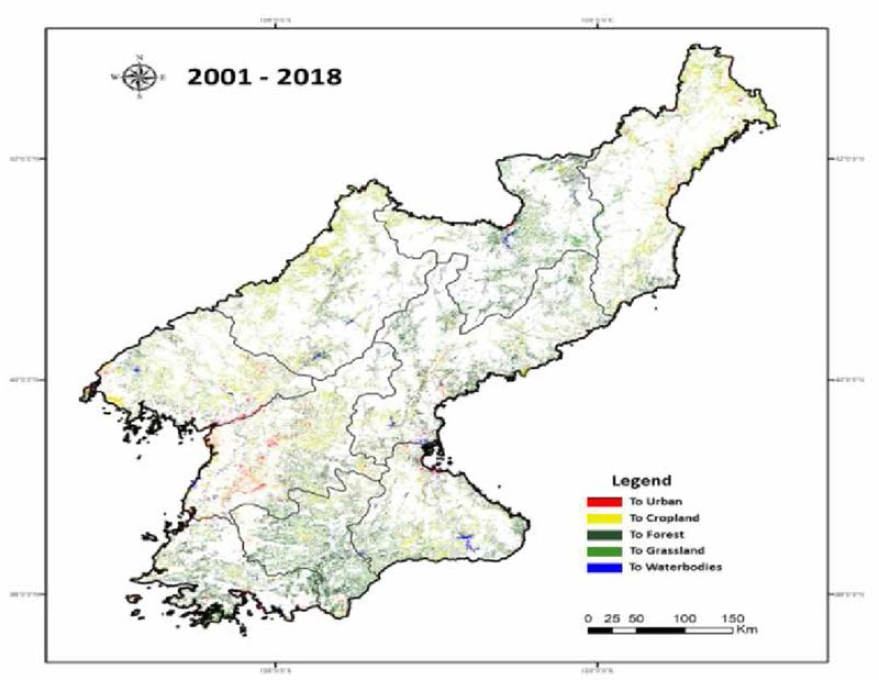 변화 탐지 법을 이용한 20이년과 2018년 북한 토지피복 변화 분석 결과