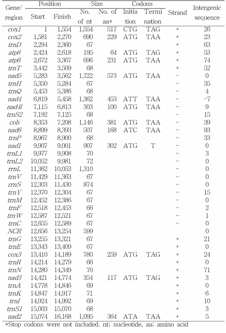 진주배말(Cellana grata) 미토콘드리아 유전체의 유전자 정보
