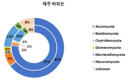 Phylum 수준에서 확인한 제주도의 바위손 근면(안쪽 원형 그래프)과 근권(바깥쪽 원형 그래프)의 진균 군집 구성