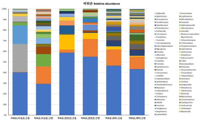 바위손 지역별 genus relative abundance