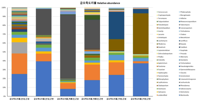 금오족도리풀 지역별 genus relative abundance