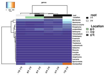 Genus 수준에서 고려엉겅퀴 지역별 진균 군집 clustering