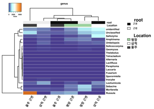 Genus 수준에서 노랑갈퀴 지역별 진균 군집 clustering