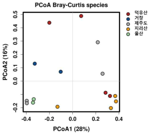 Species 수준에서 구상나무 지역별 진균 군집 PCoA plot