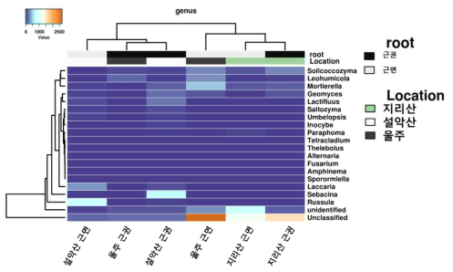 Genus 수준에서 산오이풀 지역별 진균 군집 clustering