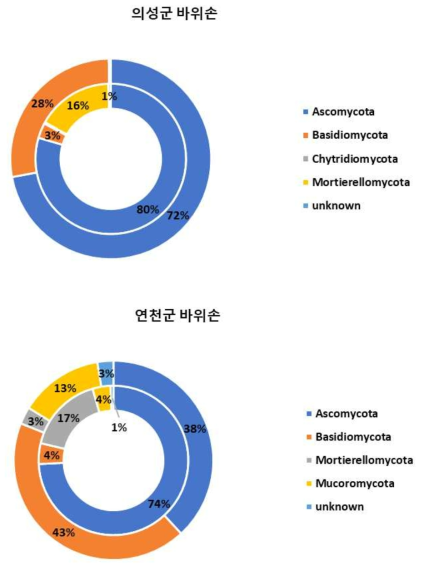 Phylum 수준에서 확인한 의성군과 연천군의 바위손 근면(안쪽 원형 그래프)과 근권(바깥쪽 원형 그래프)의 진균 군집 구성