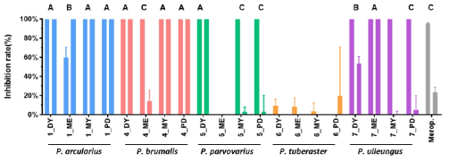 Polyporus 속 5종 버섯의 S. aureus에 대한 항균 활성. 시료별로 8과 4 mg/ml의 농도로 처리한 결과임. DY, ME, MY, PD는 시료가 배양된 배지임. One-way ANOVA를 수행하고 post-hoc으로 Dunnet test를 이용. 통계적으로 유사한 그룹을 같은 대문자 알파벳으로 표시. Merop.은 0.1과 0.02 ng/ml의 농도의 meropenem 항생제로 처리한 결과임
