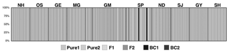 쉬리와 참쉬리의 parallelnewhybrid 결과 (Pure 1; 쉬리 순종, Pure 2; 참쉬리 순종, F1; 잡종 1세대, F2; 잡종 2 세대, BC1; Backcross 1, 쉬리 순종 × F1, BC2; Backcross 2, 참쉬리 순종 × F1)