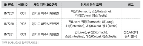 분석에 사용한 수원청개구리 시료 정보