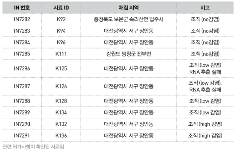 항아리곰팡이 감염 실험에 사용한 이끼도롱뇽 시료 정보