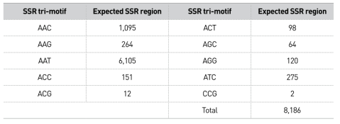 무당거미의 tri-motif 10종류 SSR 후보 영역