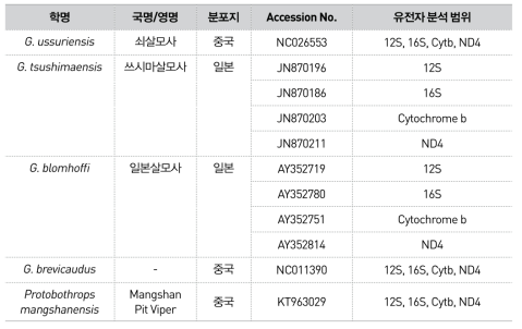 쇠살모사 계통분석을 위한 GenBank 서열정보