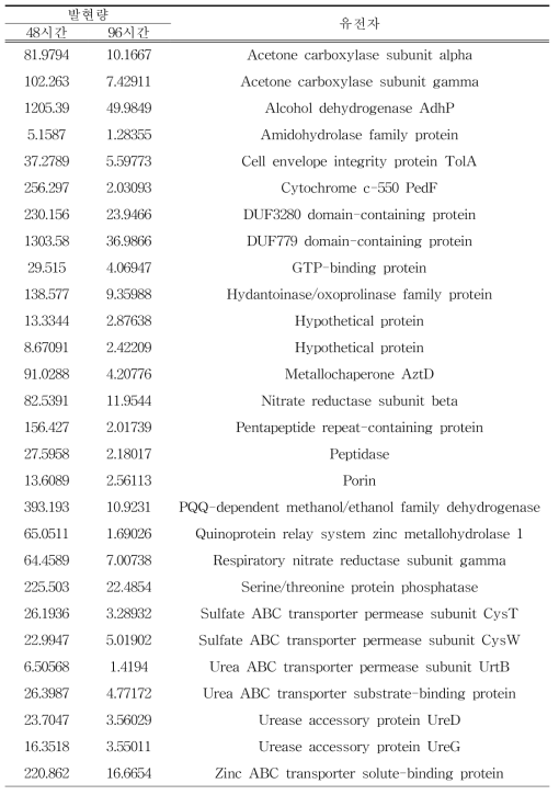 초기 성장기(48시간) 과발현 유전자 목록