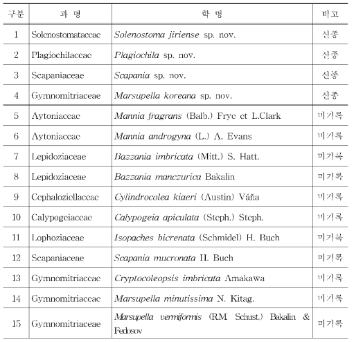 본 조사를 통하여 확인된 한반도 선태류 신종 후보 및 미기록종 목록