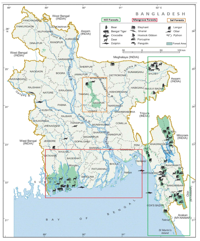 방글라데시의 산림 및 야생동물 분포현황 (* 출처: Bangladesh Tropical Forests and Biodiversity Assessment 2016)