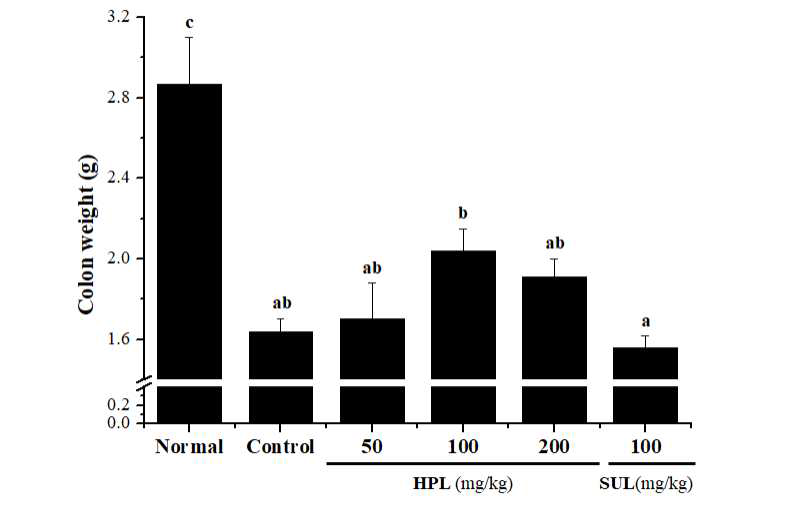 DSS로 유도된 대장염 모델에서 식의약 소재인 HPL-01이 대장 무게에 미치는 영향 a~c)실험군별 평균값의 통계적 유의수준은 p<0.05에 대한 각각의 부집단으로 표기