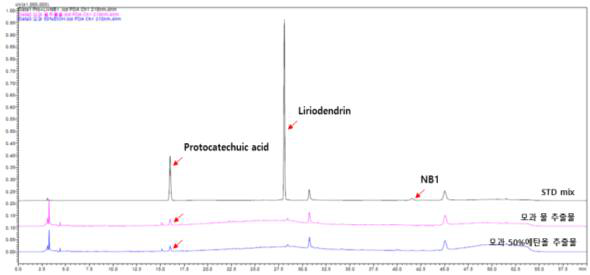 모과 추출용매 별 크로마토그램