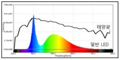 태양광과 일반 백색 LED의 스펙트럼